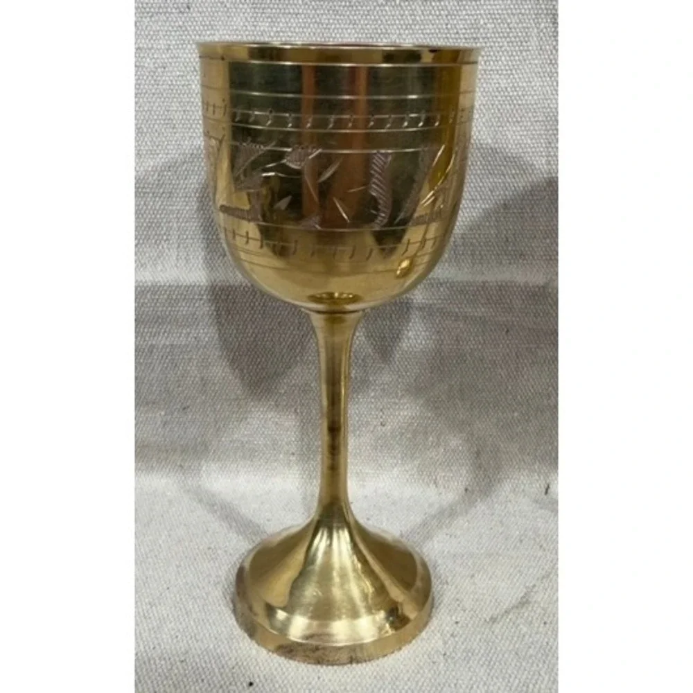 Vintage Etched Brass Goblets Set of 2 Floral Chalice Wine Cups 6.5in